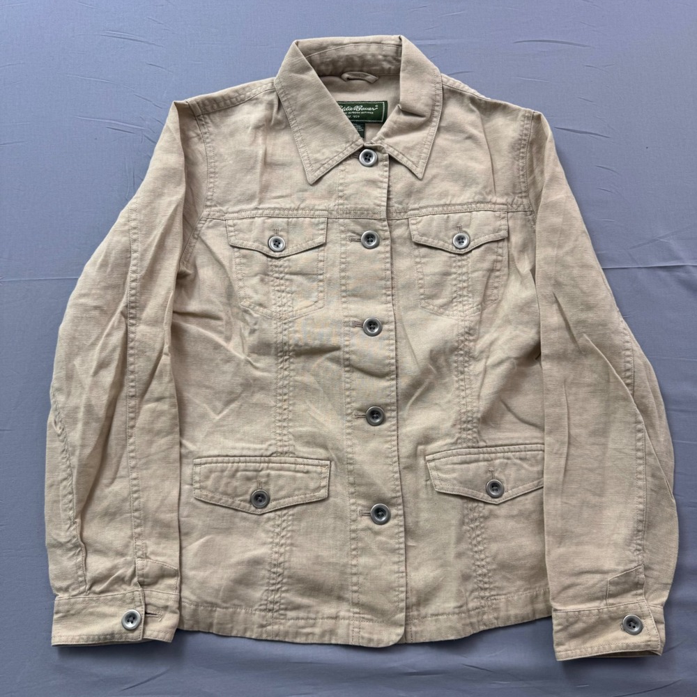 Eddie Bauer Womens Tan 100% Linen Button Front Utility Safari Jacket Size M